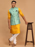 Vastramay Men's Green Jacquard Nehru Jacket with Kurta Pyjama Set